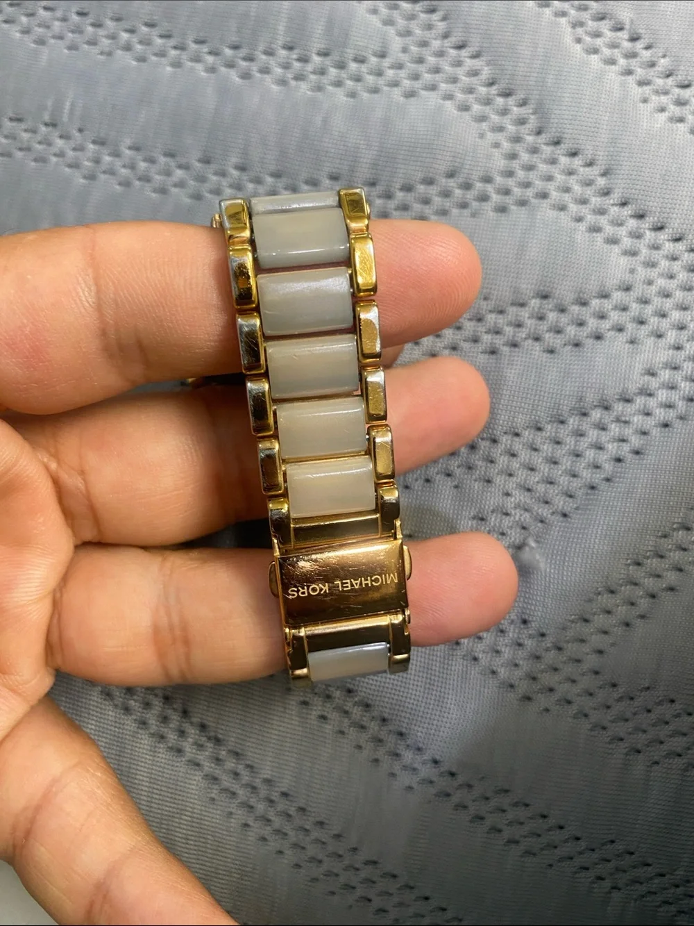 Michael Kors Gold Tone Watch with Pearl White Links and Pink Dial